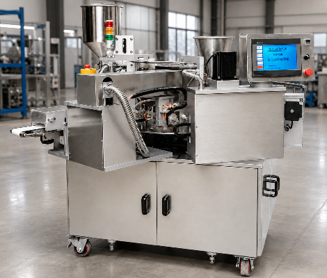 Forming section of the UD05 wafer roll line: winding rollers, discharge chutes and the core-filling head