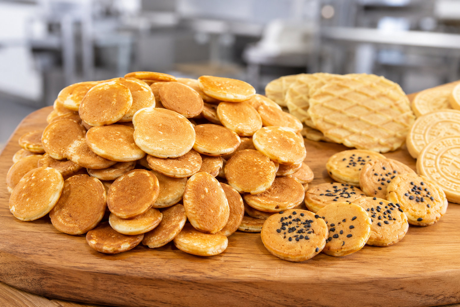 Pancake finished product grid stack showcasing surface pattern and thickness