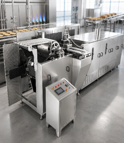 Industrial waffle line gas train and burner configuration