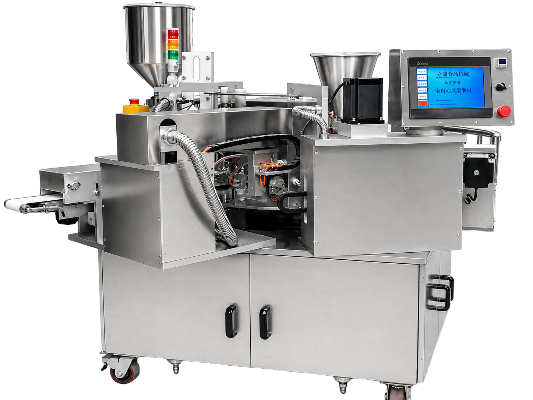 YT-02H rotary waffle machine. Stainless steel enclosure, aluminium-alloy structural parts and machine-mounted safety labelling in the product zone.