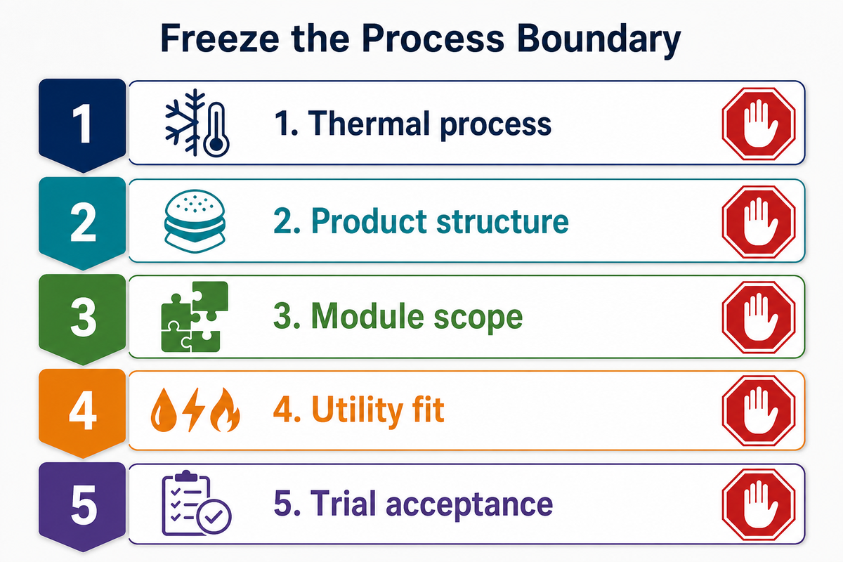 Five-gate mini-bun selector covering thermal process, product structure, modules, utilities and trial acceptance