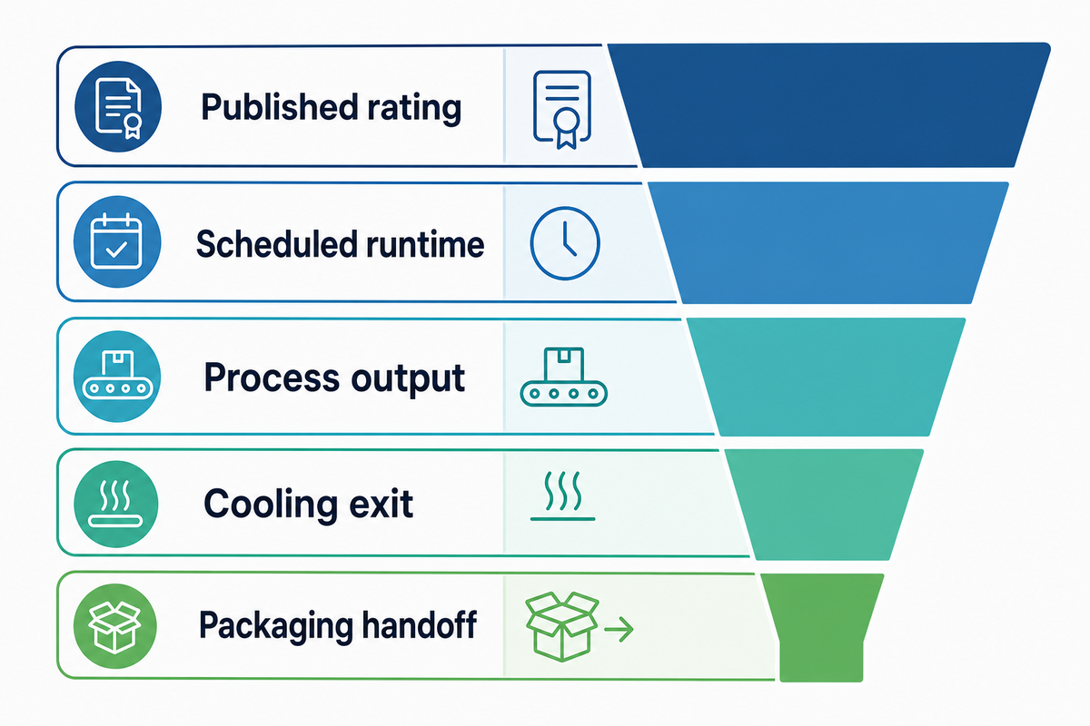 Five output boundaries from published rating through runtime, defects, cooling and accepted packaging handoff
