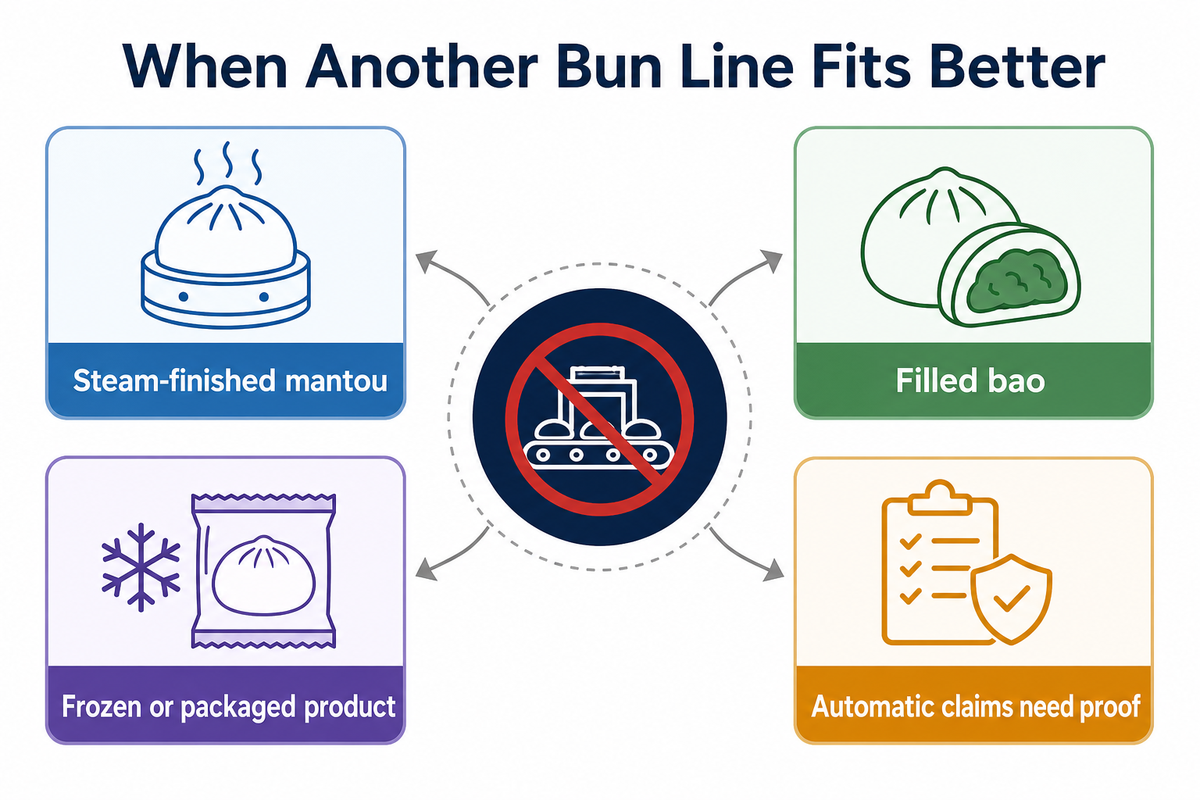 Four reasons to choose another bun line: steaming, filling, freezing or packaging, and unverified automation scope