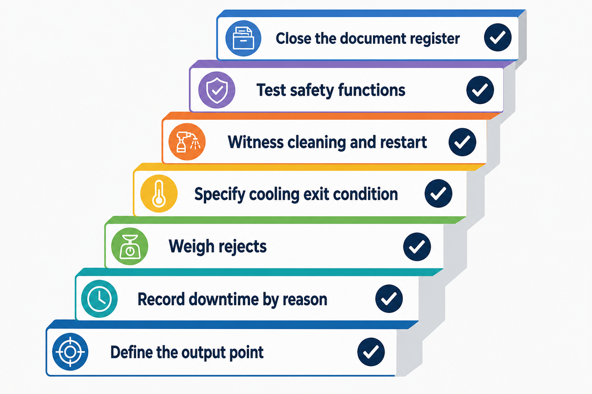 Seven measurable acceptance records for output, downtime, rejects, cooling, cleaning, safety and documents