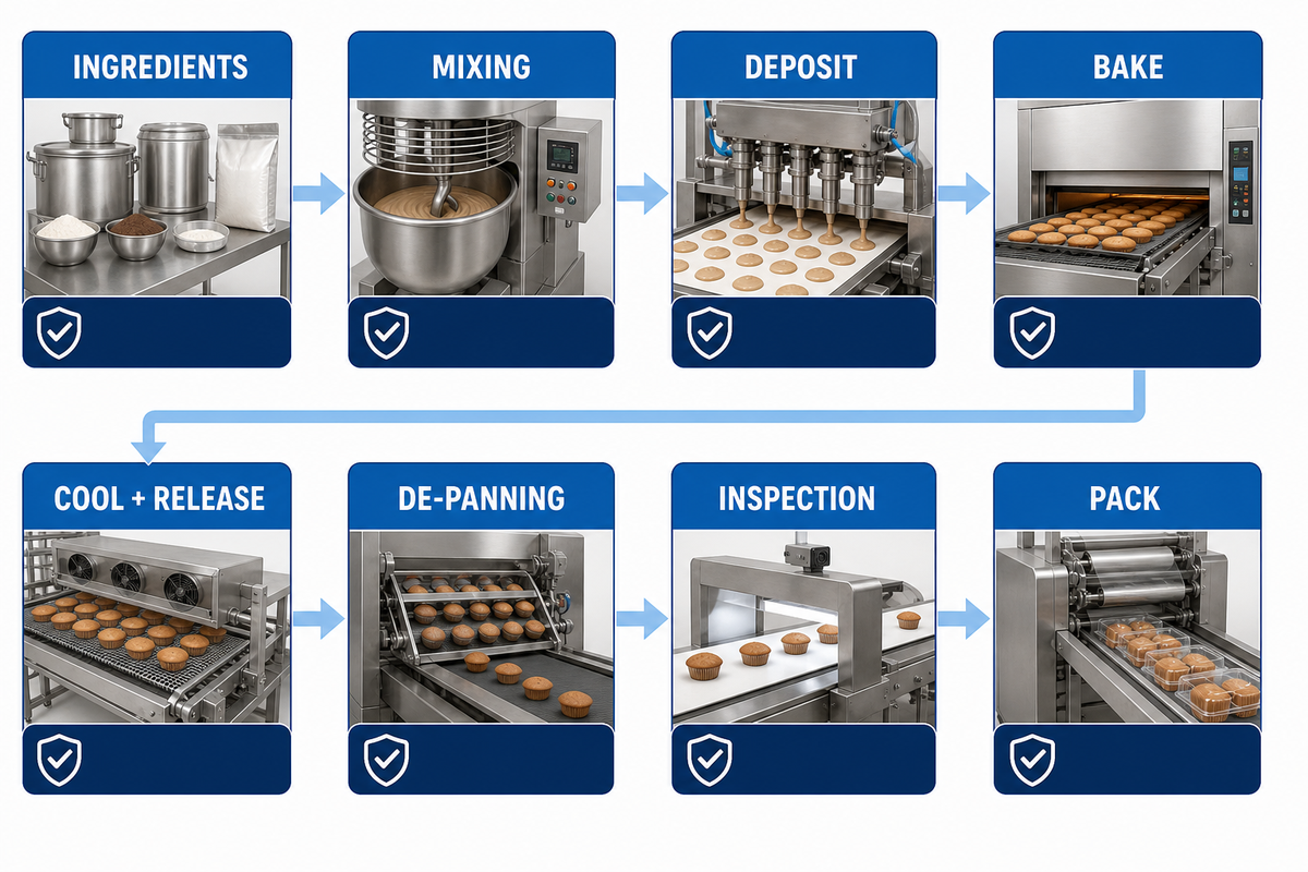 Soft waffle process map from ingredients and batter through baking, cooling, release and packing.