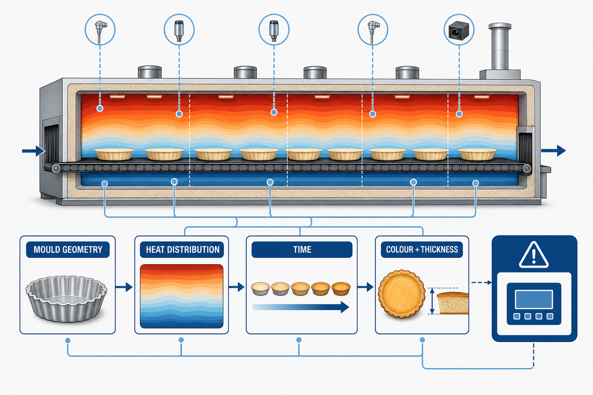 Baking control diagram links mould geometry, heat distribution, residence time and product evidence.