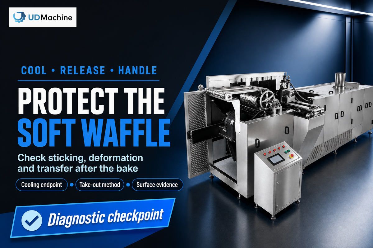 First-party soft waffle mould line illustrates cooling, release and gentle handling checks.