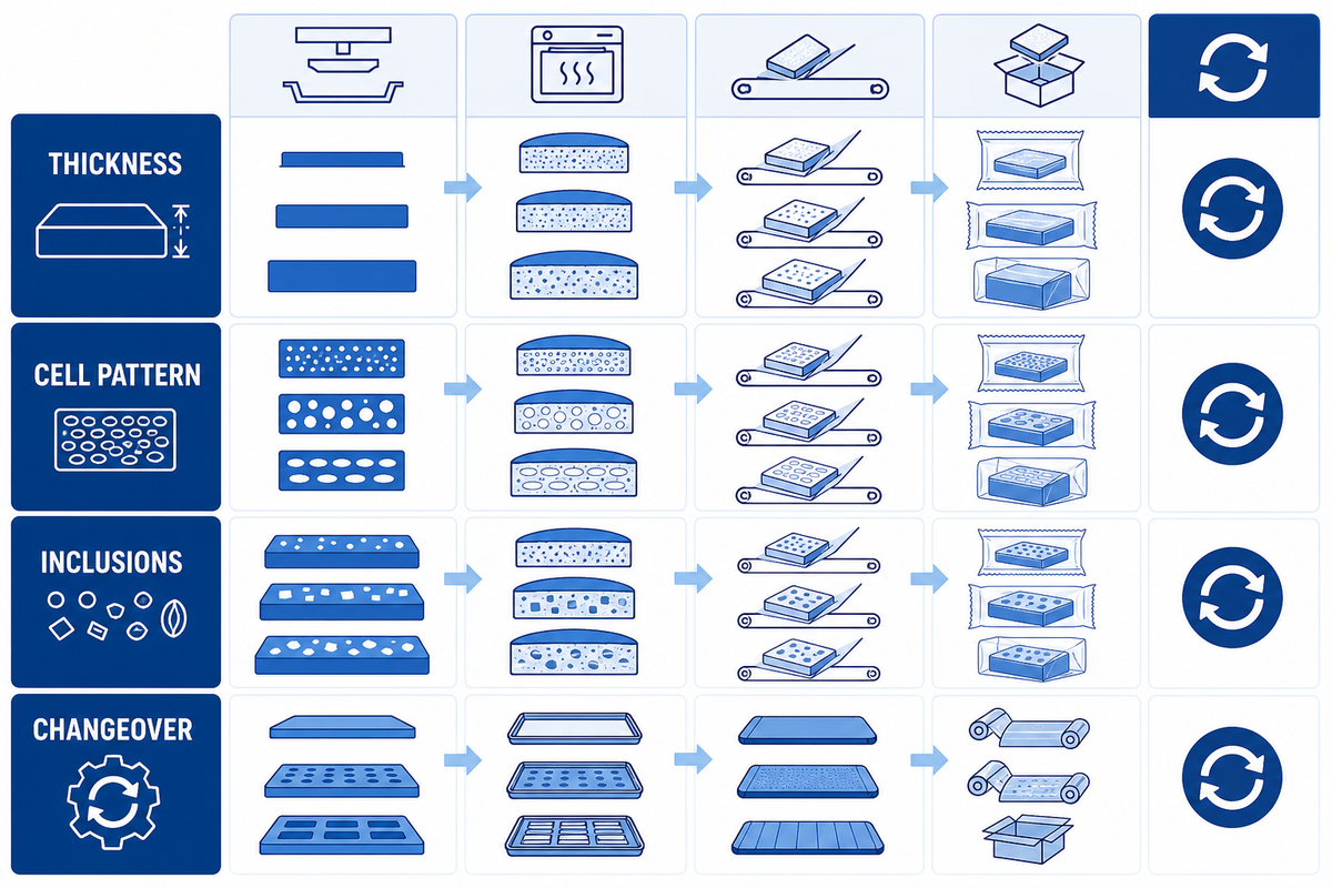 Product geometry and recipe flexibility matrix for soft waffle line trials.