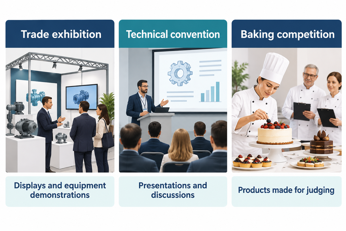 Trade exhibitions, technical conventions and competitions have different purposes; definitions in this guide.