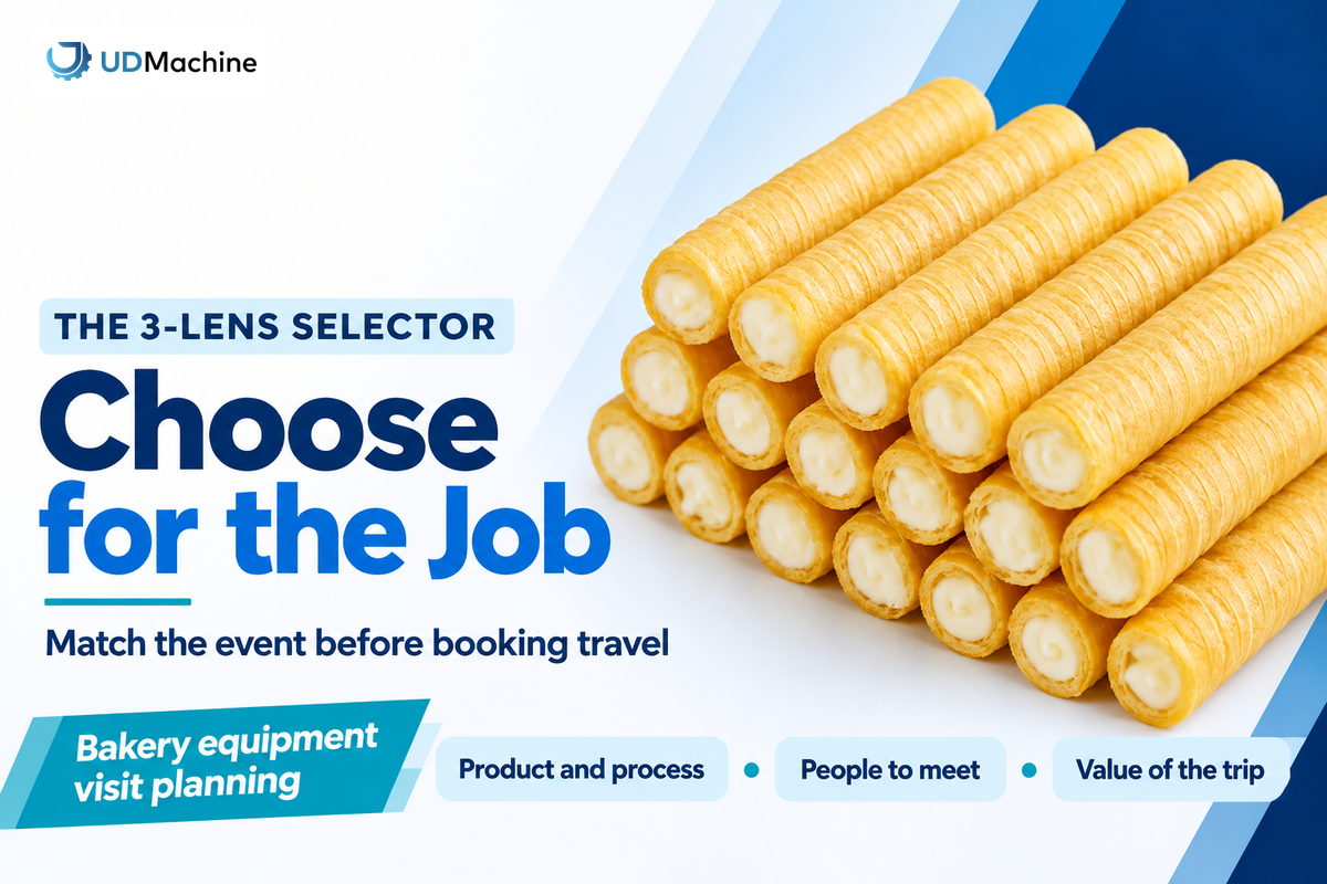 Use product fit, people to meet and trip value to shortlist events; the guide's 3-Lens Bakery Show Selector.