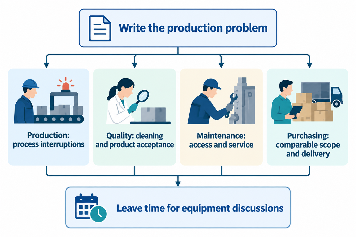 Production, quality, maintenance and purchasing each have a visit task; department method based on the guide.