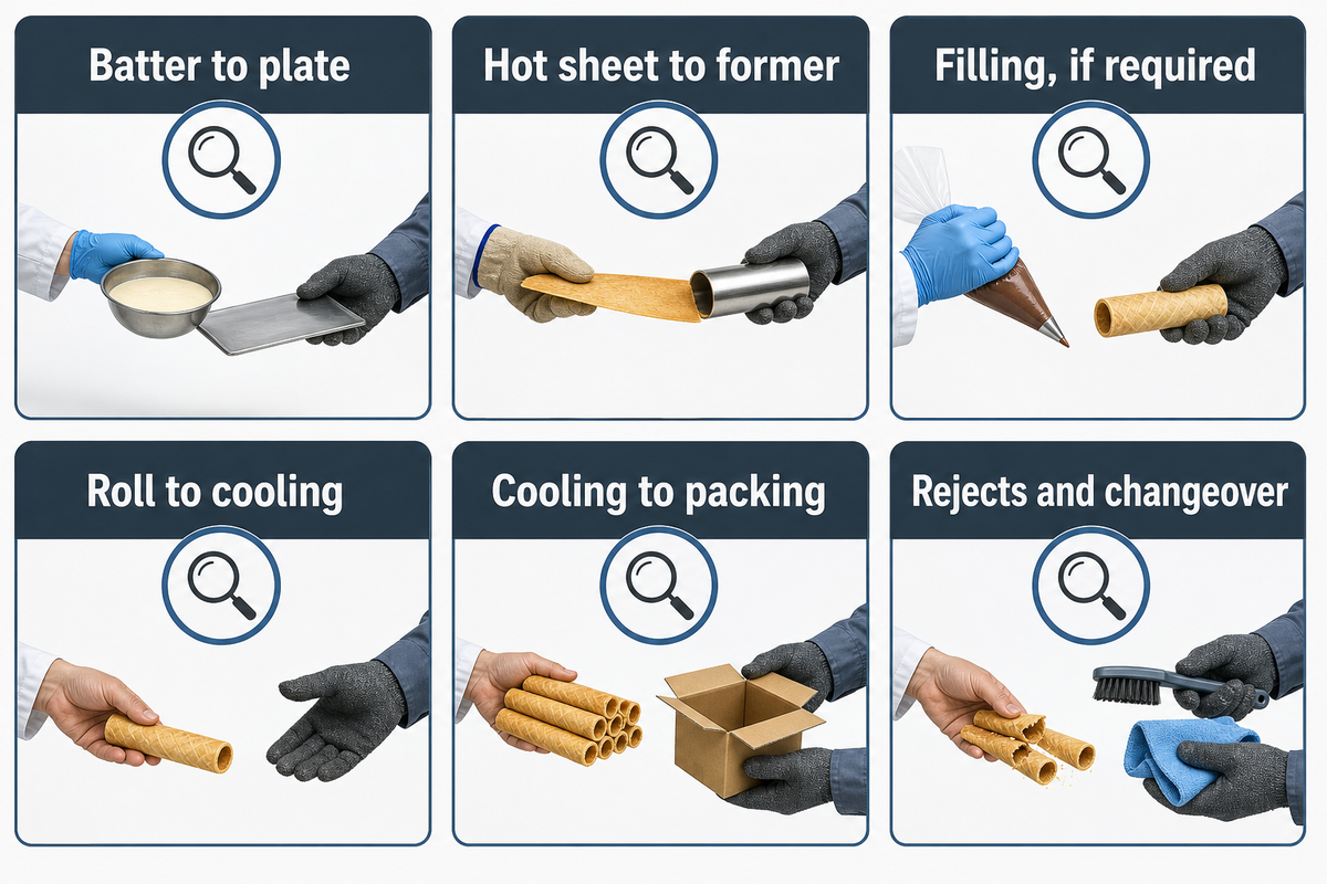 Four observable handoffs from batter feeding through hot-sheet forming, cooling and packing.