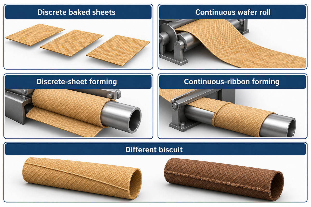Conceptual comparison of discrete baked-sheet forming and continuous wafer-roll forming routes.