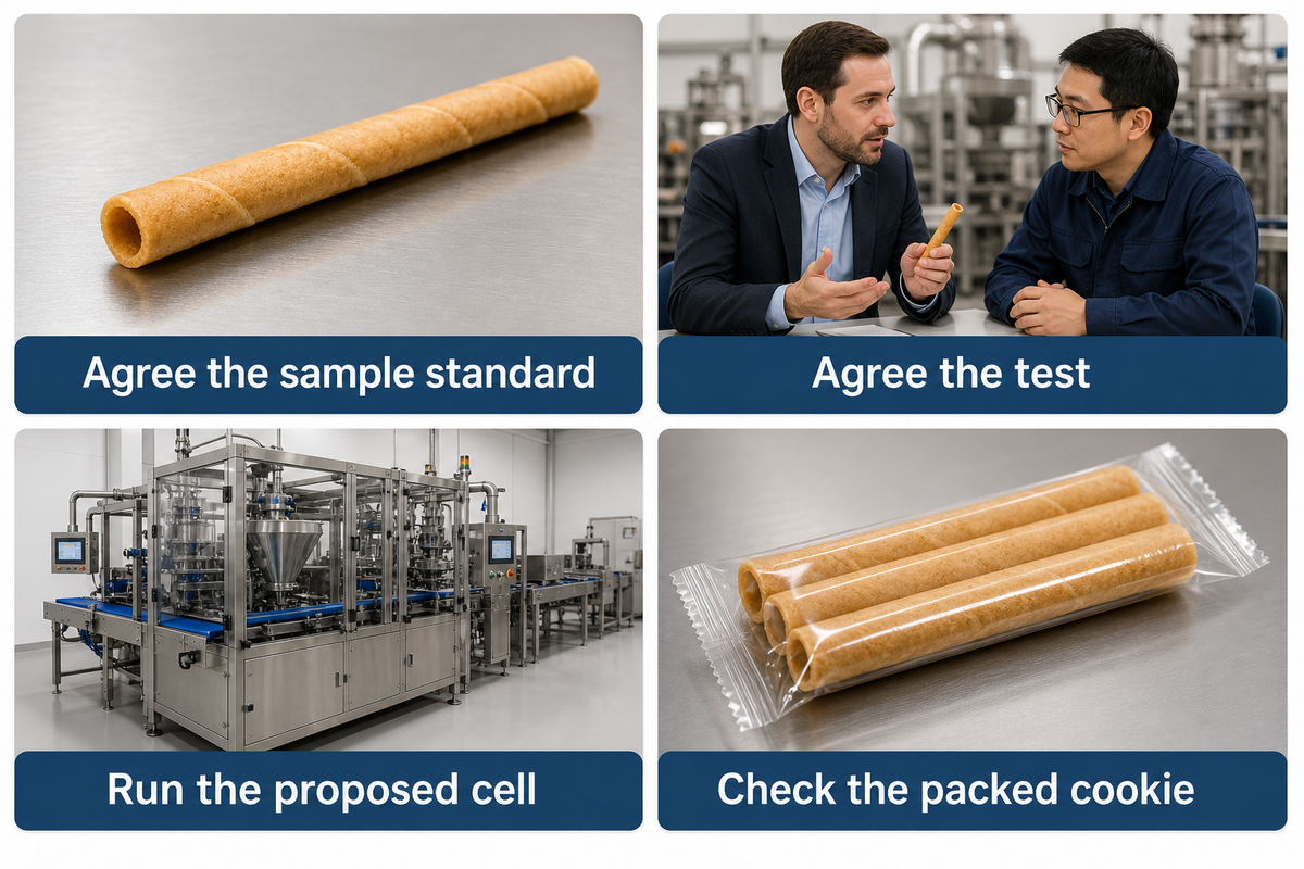 Cookie approval sequence from frozen sample and agreed test through production cell and packed-cookie check.