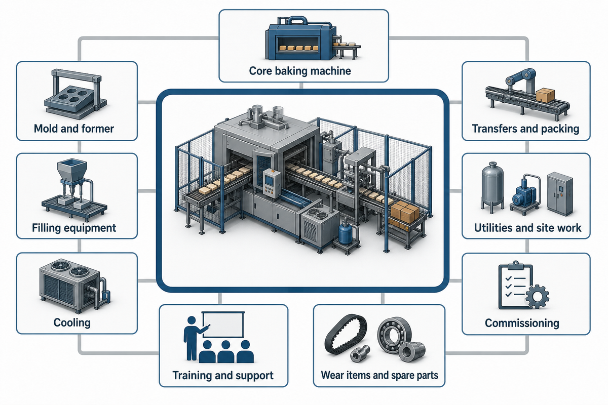 Quotation-scope infographic separating the baking machine and mold from cooling and commissioning work.