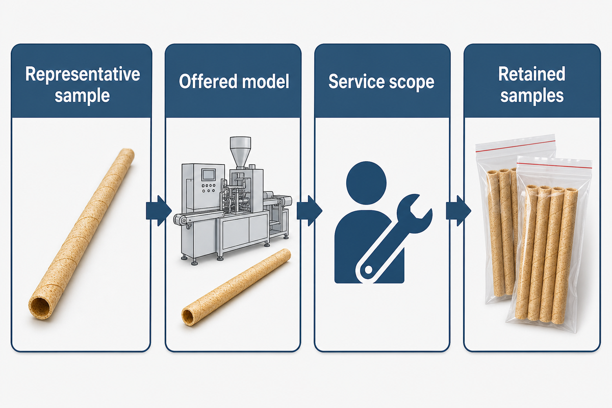 Supplier proof chain connecting a cookie sample, offered machine model, service scope and retained trial samples.