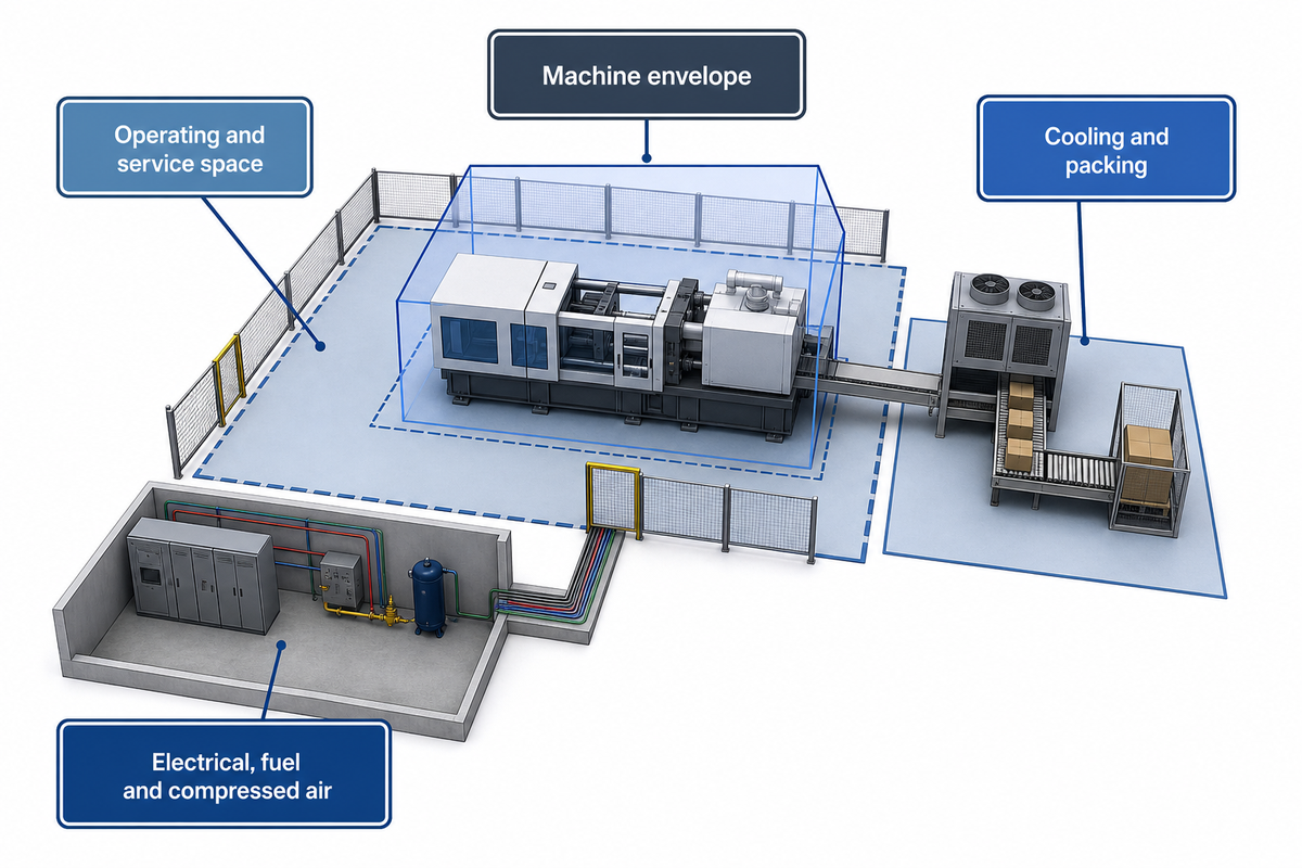 Conceptual egg roll cookie production cell showing machine, access space, utilities and cooling-to-packing handoff.