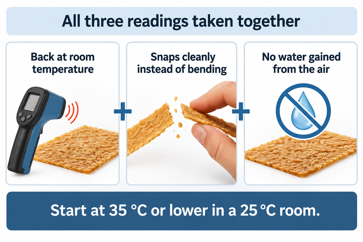 Feuilletine is ready to flake at room temperature, with a clean snap and no water gain; start at 35 °C or lower