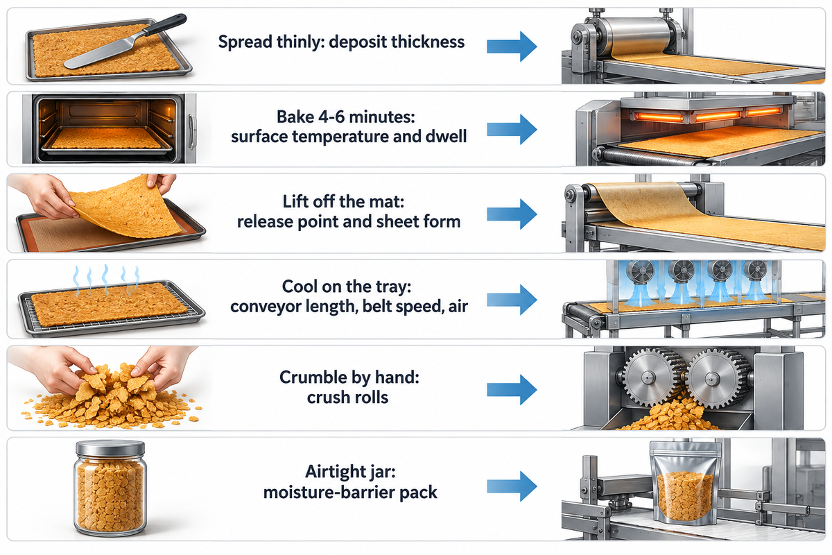 Six kitchen feuilletine steps and the line variable each becomes, from deposit thickness to moisture-barrier pack
