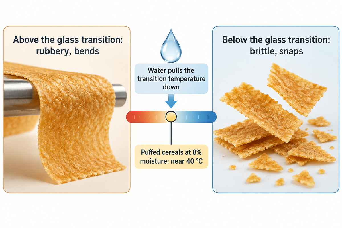 A warm sheet above its glass transition bends and a cool one snaps; water lowers the transition (Foods 2025: 40 °C at 8%)