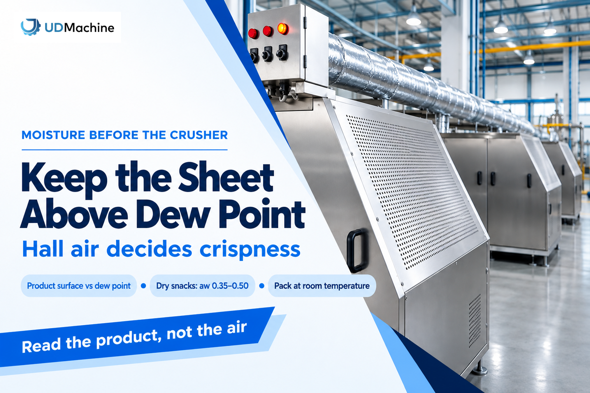 Condensation forms when the product surface is at or below the hall dew point; dry snacks lost crispness at aw 0.35-0.50