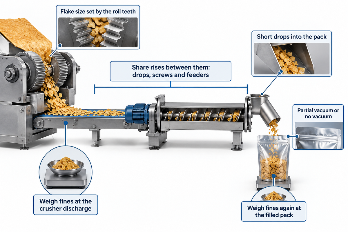 Weigh fines at the crusher discharge and at the filled pack; a rising share points to drops, screws and feeders