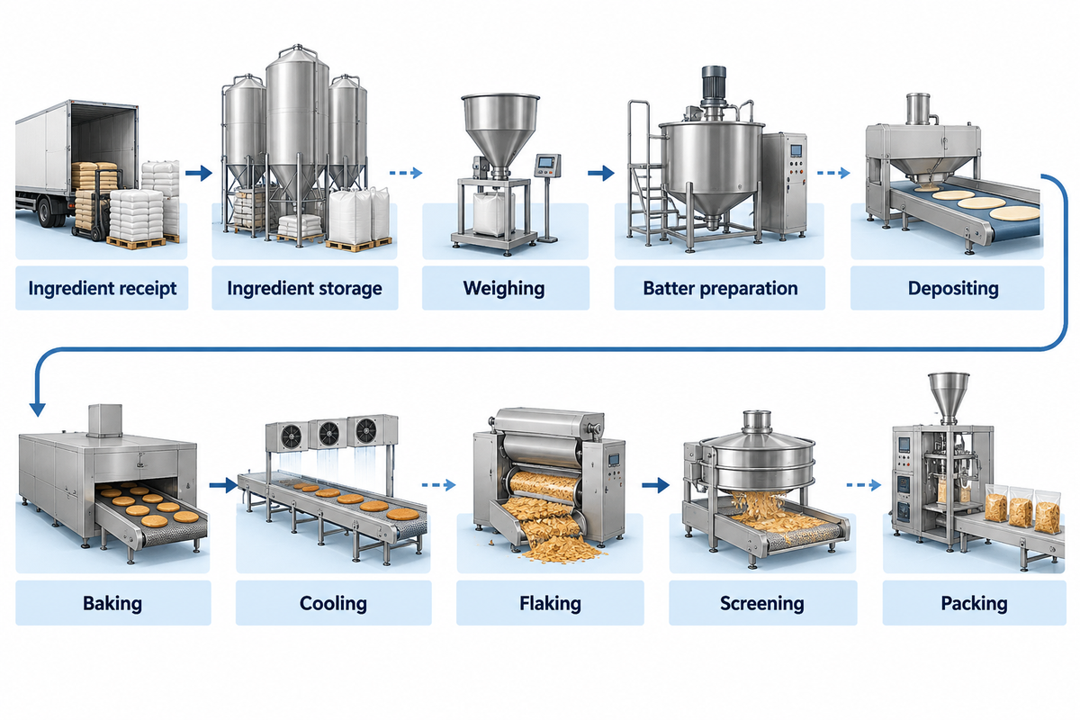 Ten process handovers connect ingredient receipt to packing; each needs an outlet and owner on the layout drawing.
