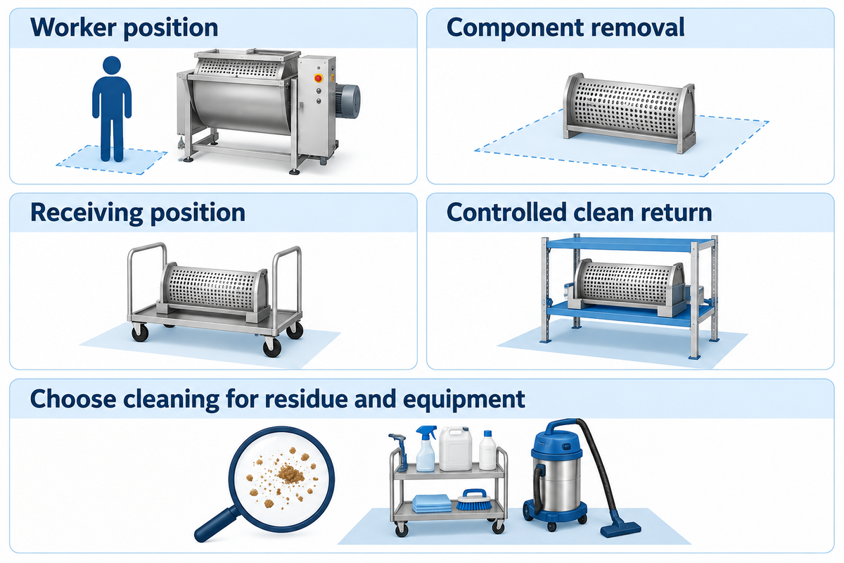 Plan worker, removal, receiving and clean-return spaces; choose cleaning methods for the residue and equipment.