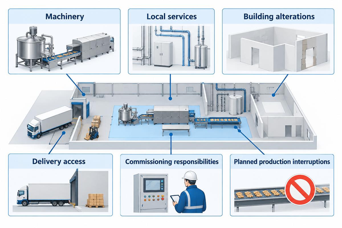 Compare machinery, site works, delivery, commissioning and interruptions on the same installed scope; no assumed savings.