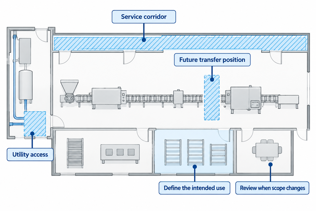 Reserve a service corridor, transfer position and utility access, then reassess them when the expansion scope changes.