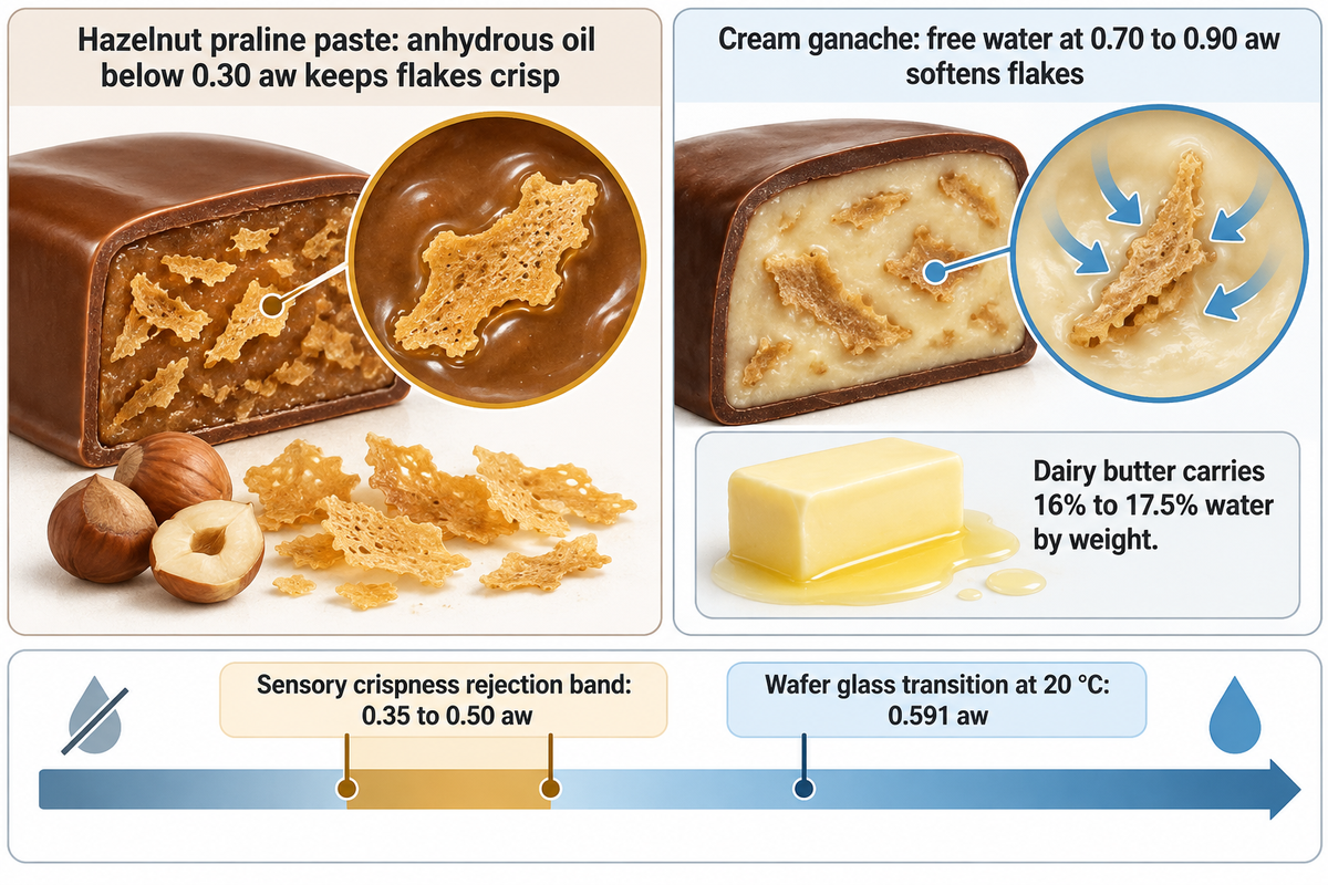 Praline paste below 0.30 aw keeps feuilletine crisp; ganache at 0.70-0.90 aw and butter at 16%-17.5% water cross the 0.35-0.50 aw limit