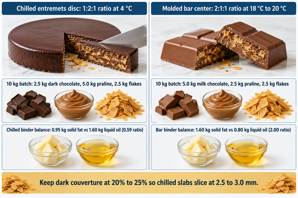 10 kg batch comparison: 1:2:1 chilled disc (0.59 fat ratio) vs 2:1:1 molded bar center (2.00 fat ratio)