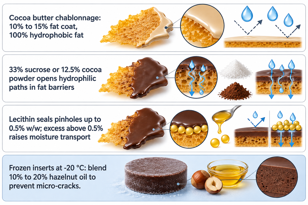 Cocoa butter chablonnage (10%-15% coat) blocks water; 33% sucrose or 12.5% cocoa powder adds paths; blend 10%-20% oil at -20 °C
