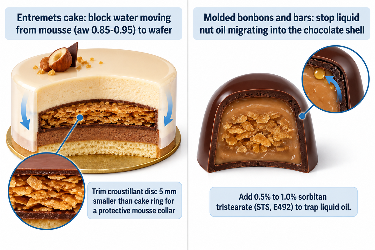 Entremets layer design trims the disc 5 mm inside the mousse collar; bonbon centers use 0.5%-1.0% STS (E492) to trap nut oil