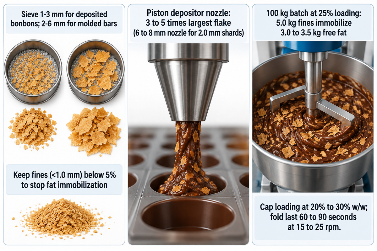 Confectionery line rules: 1-3 mm flakes for bonbons, fines under 1.0 mm below 5%, nozzle 3-5x flake size, fold 60-90 s at 15-25 rpm