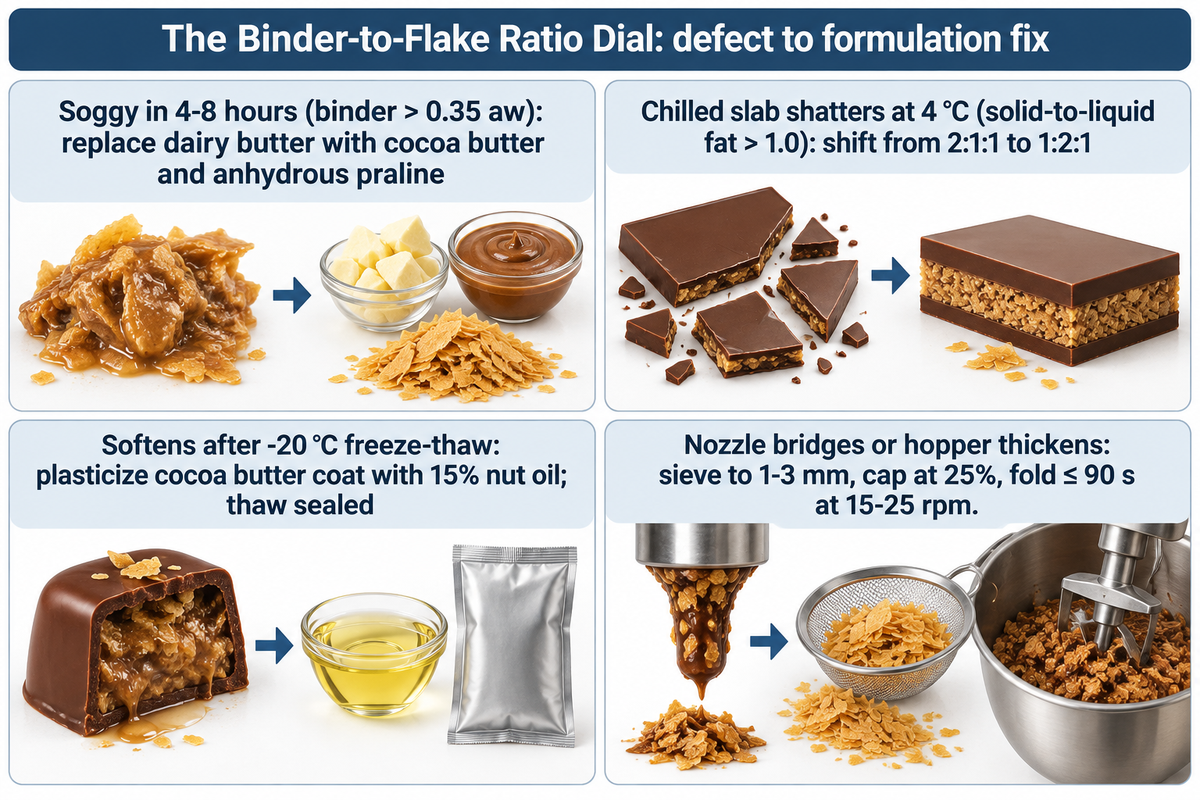 Binder-to-Flake Ratio Dial: fix soggy flakes (<0.35 aw), cold shattering (1:2:1), -20 °C cracking (15% nut oil), and nozzle bridging (1-3 mm)