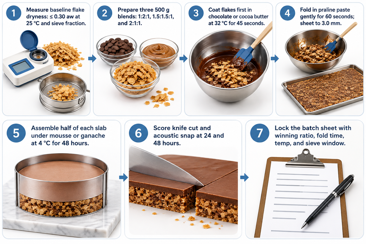 7-step 3-Ratio Bench Calibration: test 1:2:1, 1.5:1.5:1, and 2:1:1 slabs (500 g each, 3.0 mm thick) under mousse at 4 °C for 48 hours