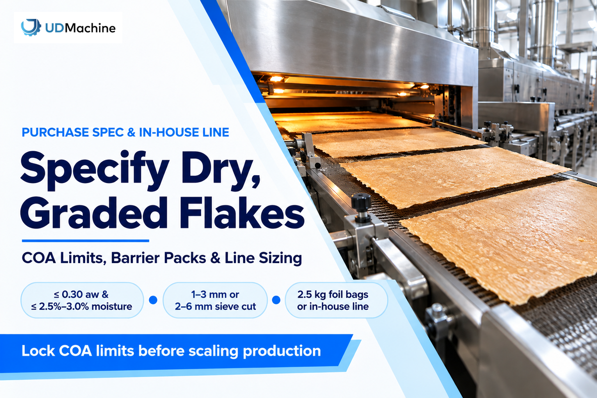Feuilletine purchase spec locks water activity below 0.30 aw, moisture below 2.5%-3.0%, 1-3 mm or 2-6 mm sieve cuts, and foil barrier packs