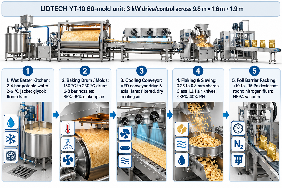 Five feuilletine production modules mapped to plant utilities alongside the 3 kW UDTECH YT-10 60-mold unit (9.8 x 1.6 x 1.9 m)
