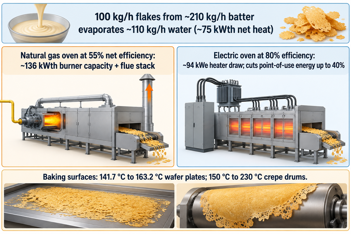 Thermal sizing for 100 kg/h feuilletine flakes: ~75 kWth net load requires ~136 kWth gas burner input or ~94 kWe electric heating