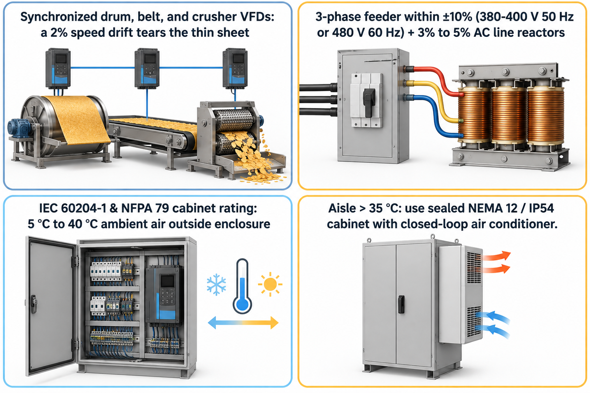 Electrical and VFD cabinet rules: ±10% 3-phase voltage, 3%-5% line reactors, 5-40 °C IEC 60204-1 rating, and closed-loop cooling above 35 °C