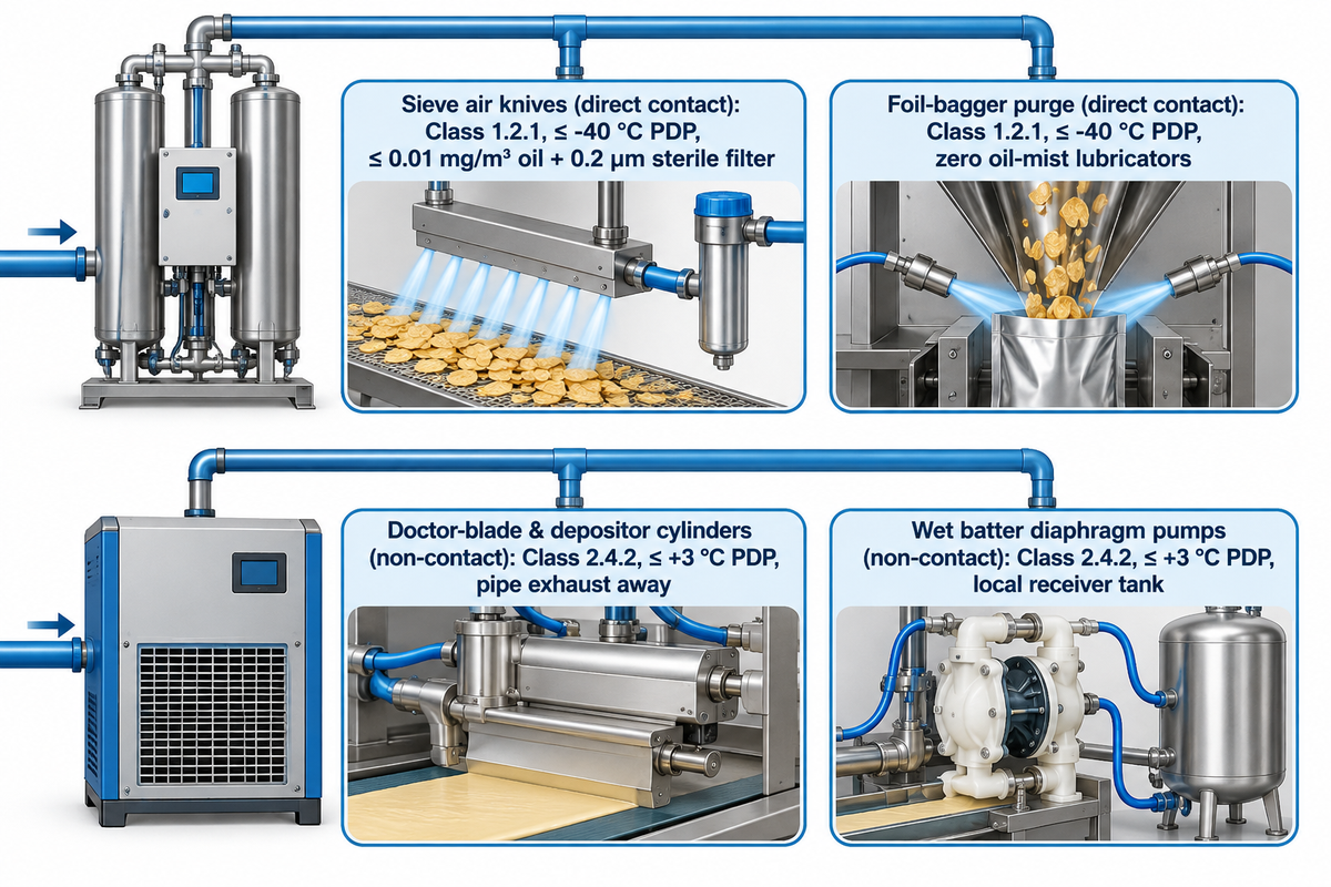 ISO 8573-1:2010 compressed air branches: Class 1.2.1 (-40 °C PDP) for air knives and baggers vs Class 2.4.2 (+3 °C PDP) for cylinders and pumps