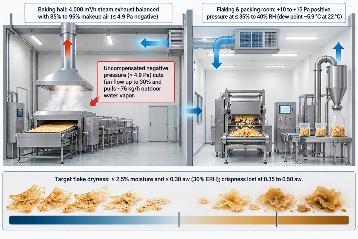 Oven exhaust and room climate balance: 85%-95% makeup air keeps negative pressure below 4.9 Pa while +10 to +15 Pa at 35%-40% RH holds flakes below 0.30 aw
