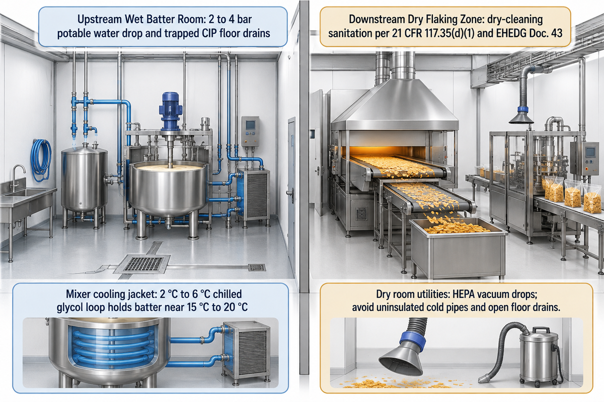 Wet-to-dry sanitation boundary: 2-4 bar water and 2-6 °C glycol stay in the batter kitchen while the flaking zone uses dry HEPA vacuum drops