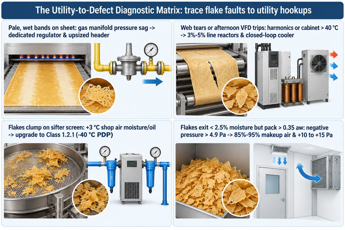 Utility-to-Defect Diagnostic Matrix: fix gas pressure sag, VFD trips above 40 °C, +3 °C shop air clumping, and >4.9 Pa negative room pressure