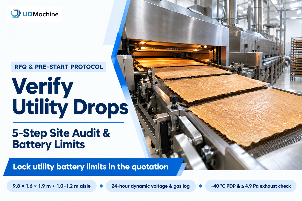 Pre-installation feuilletine utility checklist covering 9.8 x 1.6 x 1.9 m footprint, 1.0-1.2 m aisles, 24-hour load logging, and -40 °C PDP air