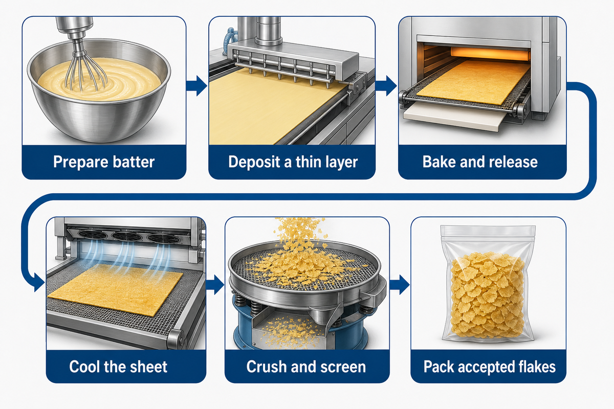 Six industrial feuilletine stages: prepare batter, deposit, bake and release, cool, crush and screen, and pack.