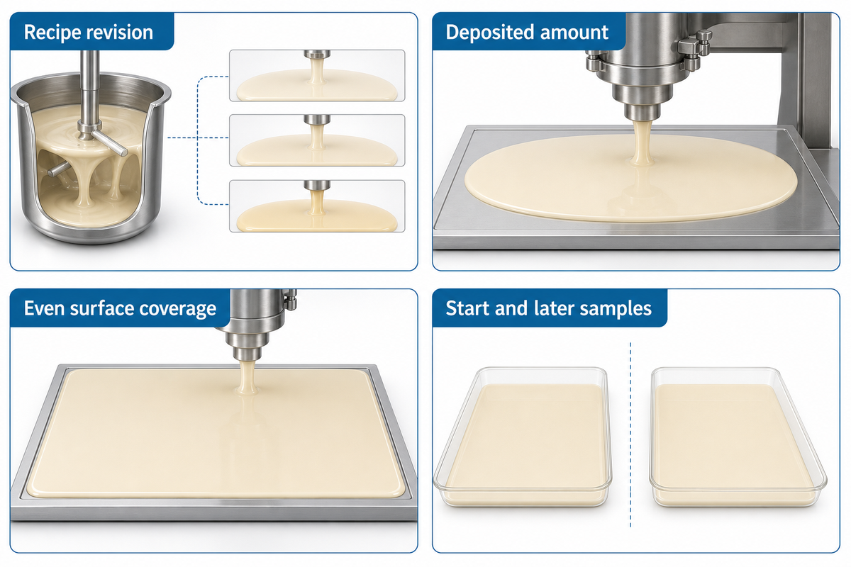 Batter deposition schematic showing recipe revision, deposited amount, coverage and samples from different run times.
