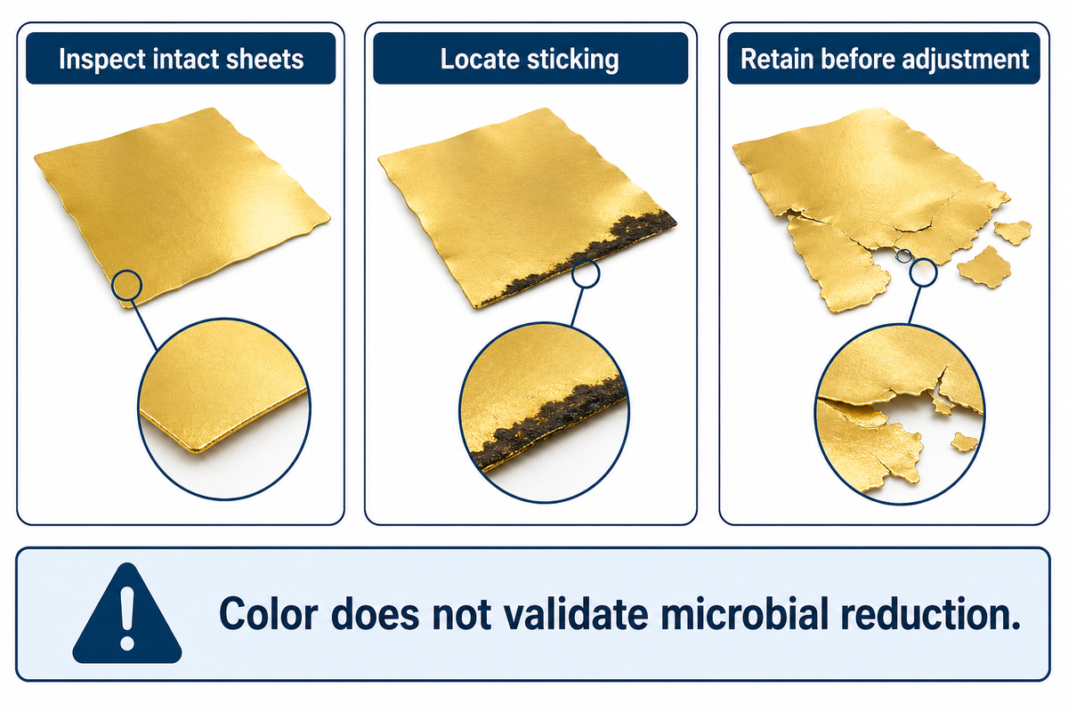 Intact wafer-sheet checks for appearance, sticking and adjustment, with a food safety validation boundary.