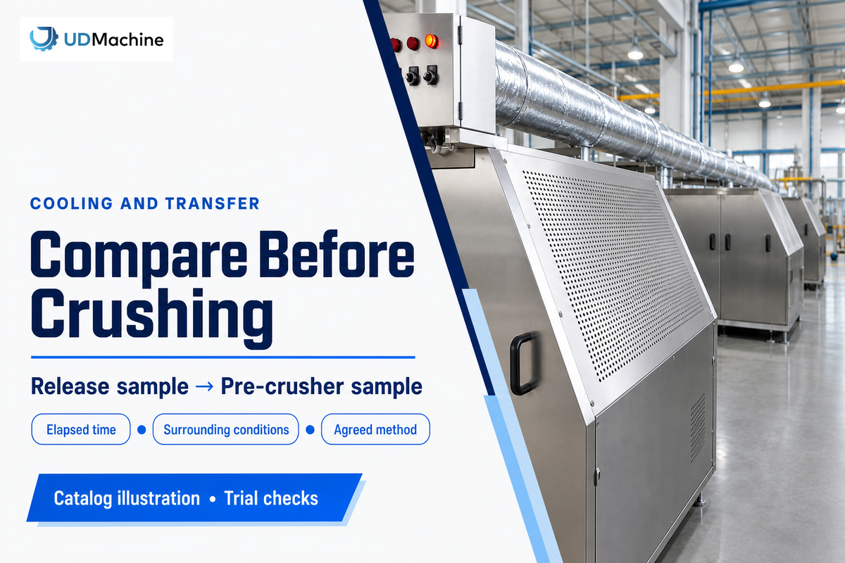 Catalog equipment illustration with cooling trial checks for release and pre-crusher samples, time and surroundings.